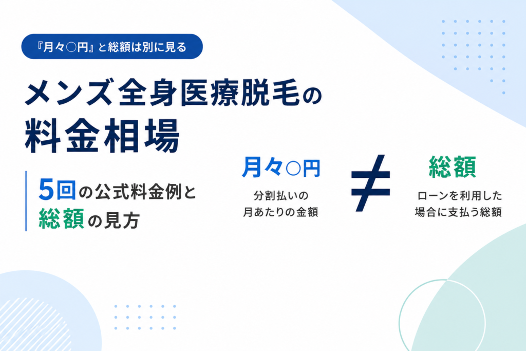 メンズ全身医療脱毛の料金相場について、「月々○円」とローンを利用した場合の総額は別に見ることを示したアイキャッチ画像
