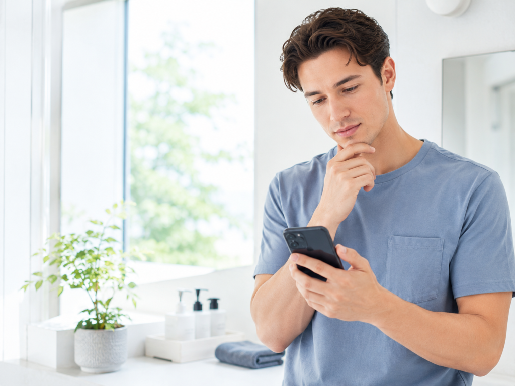 脱毛前の準備としてスマホでクリニックの案内を確認する男性