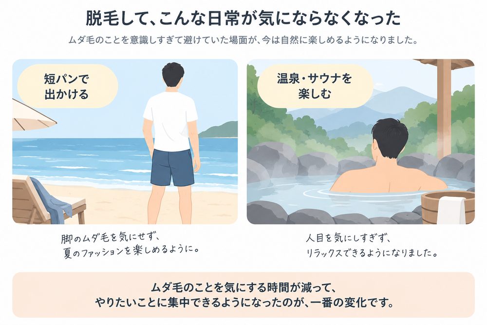 短パンで出かける場面と温泉を楽しむ場面を描いた、Ryoの生活の選択肢が増えた体験を表すイラスト
